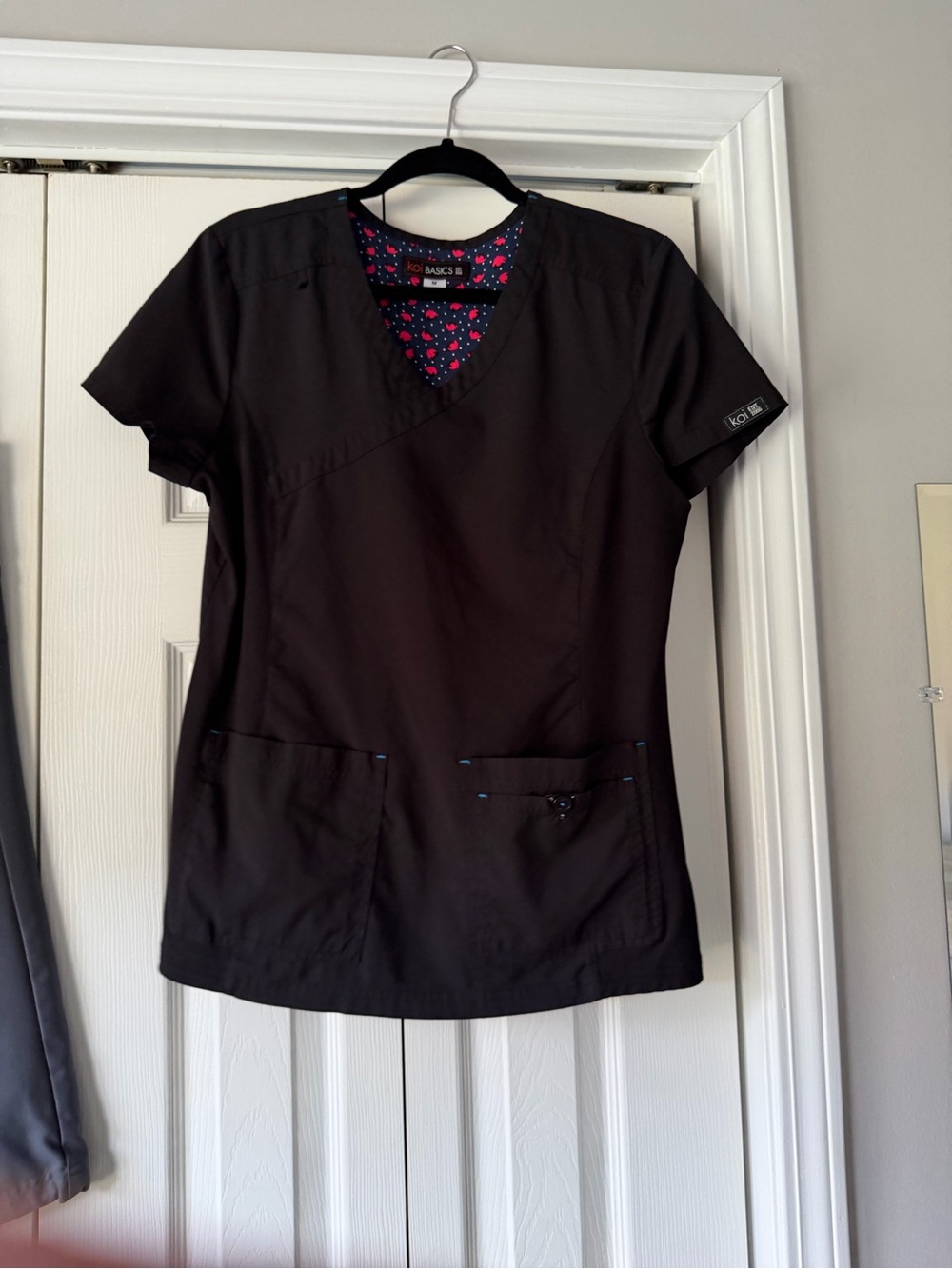 koi Black Women's V-Neck Tunic with Floral Trim
